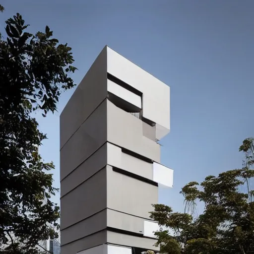 Prompt: A tall building with a narrow footprint that maximizes views of the surrounding area in the style of Laurent Chehere Filip Dujardin Dionisio Gonzales Lee Madgwick