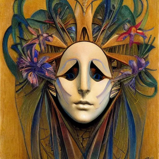 Image similar to masterpiece painting of a facemask made of stylized flowers, by annie swynnerton and jean delville and tino rodriguez and john watkiss, flower mask, art deco shaman, symbolist, dramatic lighting, god rays, elaborate geometric ornament, clean crisp graphics, soft cool colors, smooth, sharp focus, extremely detailed