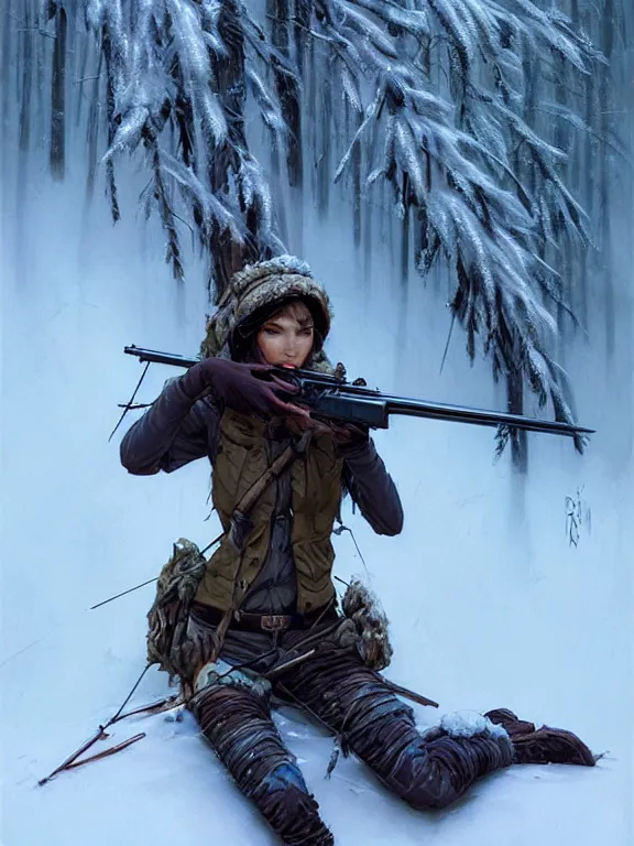 Image similar to a beautiful and aesthetic sniper huntress on the winter valley, aiming the sniper, toward to the camera, hunting the monsters, cynical, dramatic pose, intricate, highly detailed, detailed face, smooth, sharp focus, environmental light, rim light, artgerm, artstation, art by greg rutkowski, ilya kuvshinov, rossdraws, fantasy illustration