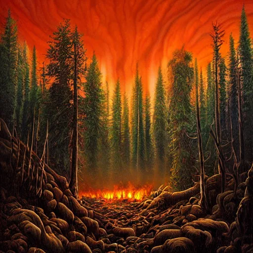 Image similar to a painting of a fire in a forest, a matte painting by Jeffrey Smith, deviantart, fantasy art, apocalypse landscape, apocalypse art, airbrush art