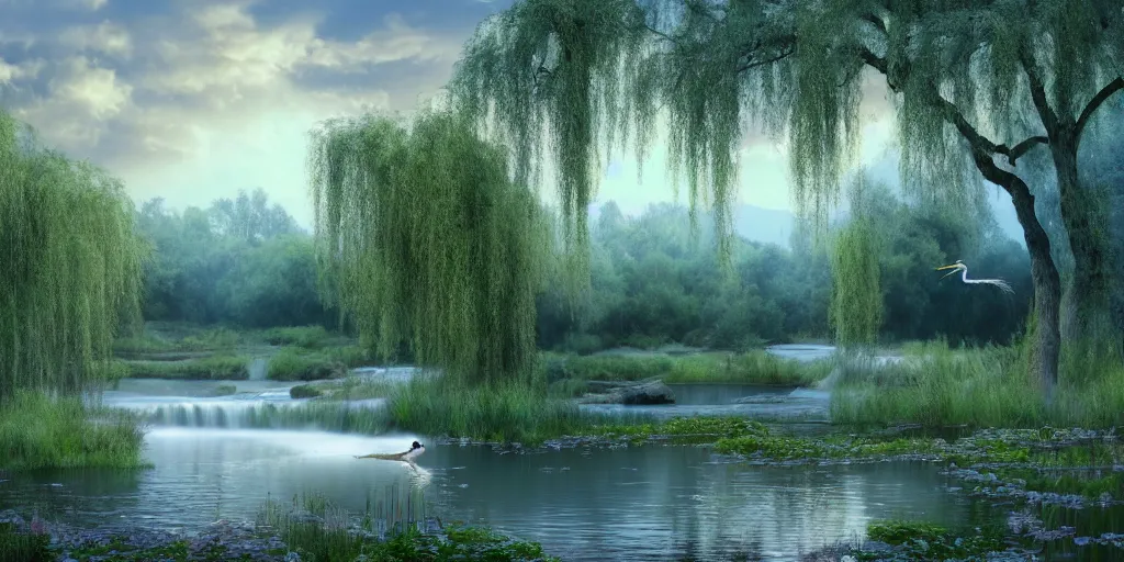 Prompt: a majestic blue heron in shallow river, waterfalls in distance, willow trees, cherry blosom trees, lily pads, bullrushes, marsh, clouds, godrays, intricate, luminescent matte painting, highly detailed, artstation