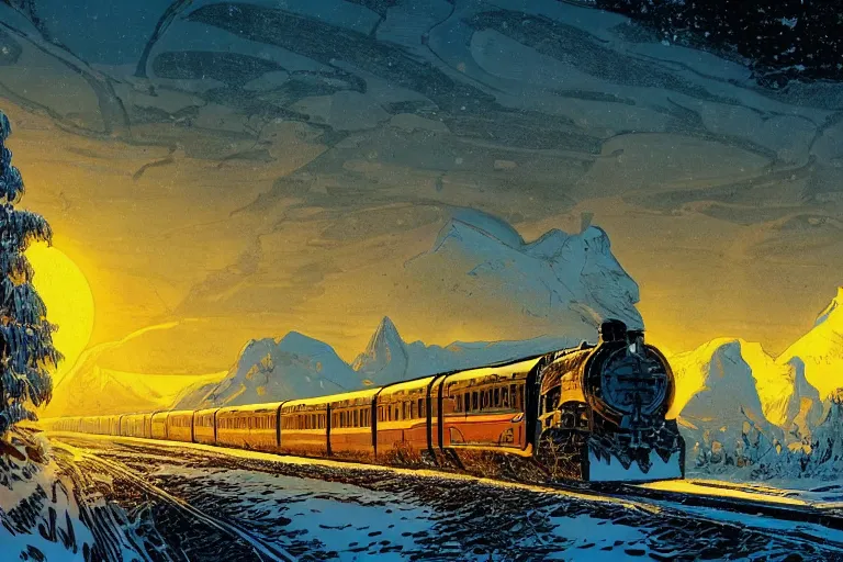 Image similar to trans - siberian express train illustration by joe fenton and syd mead and p. craig russell and barry windsor - smith, artstation, 4 k, graphic novel, concept art, matte painting, beautiful russian winter landscape sunset background, golden hour, art nouveau