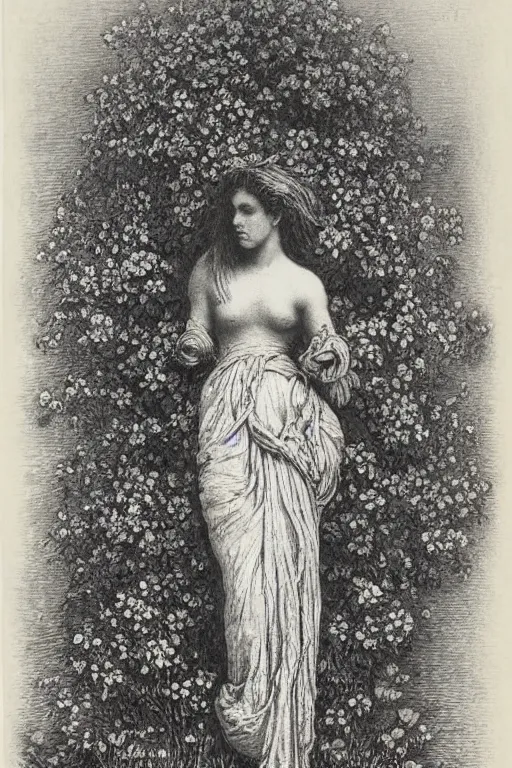 Image similar to black and white, woman in flowers, Gustave Dore lithography