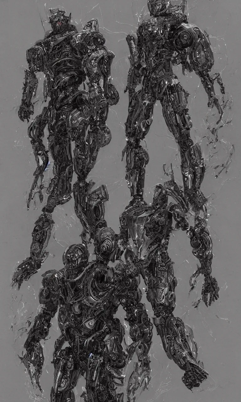 Image similar to full page scan of 1 7 0 0 concept art, a occult robot armor, character design, symmetrical fullbody rendering, bliblical, inspired by elden ring, by hr giger, sadan vague, yoji shinkawa, craig mullins, emil melmoth, artstation, highly detailed, 4 k post - processing, 8 k resolution + dof