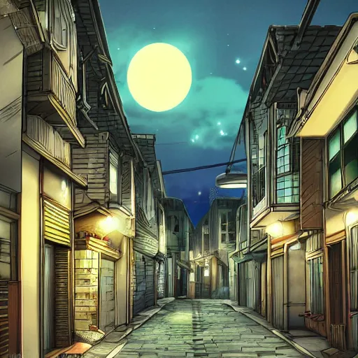 Prompt: anime tokyo residential quiet street scenery only wallpaper, nighttime moonlight scene, aesthetic, beautiful, hyper realistic