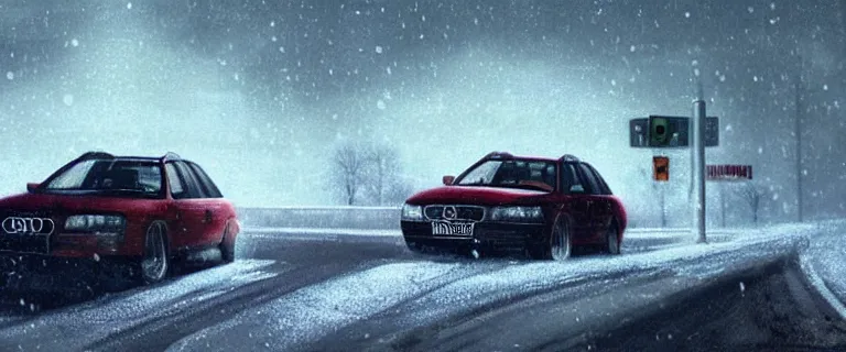 Prompt: Audi A4 B6 Avant (2002), a gritty neo-noir, dramatic bright lighting, cinematic, establishing shot, extremely high detail, photorealistic, cinematic lighting, artstation, by simon stalenhag, Snowy italian road, Snowy Alps, serious car crash, At night, Poets of the Fall - Late Goodbye