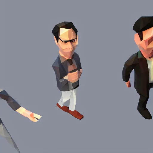 Image similar to a lowpoly version of Seinfeld, raytracing, 3d render, plain background