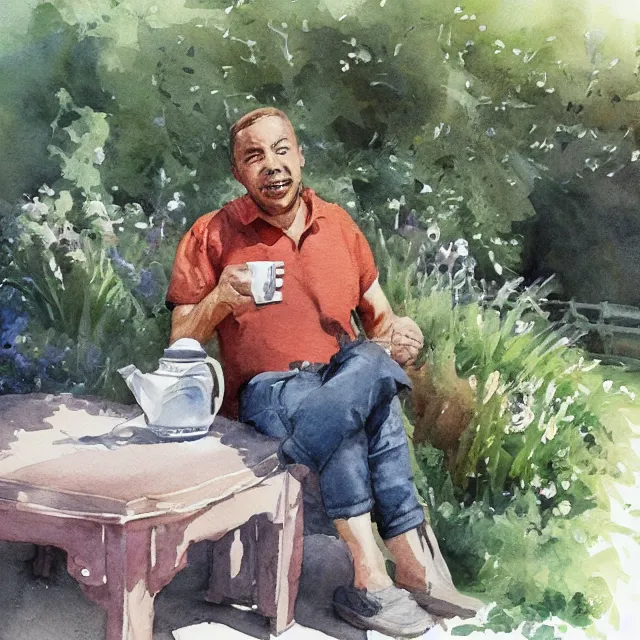 Prompt: john johnson drinking rooibos tea in the garden. watercolor by the award - winning concept artist