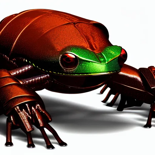 Image similar to end times paradox rust metallic beetle robot frog, photorealistic, 8 k, ultra detailed, all colors, many lines.