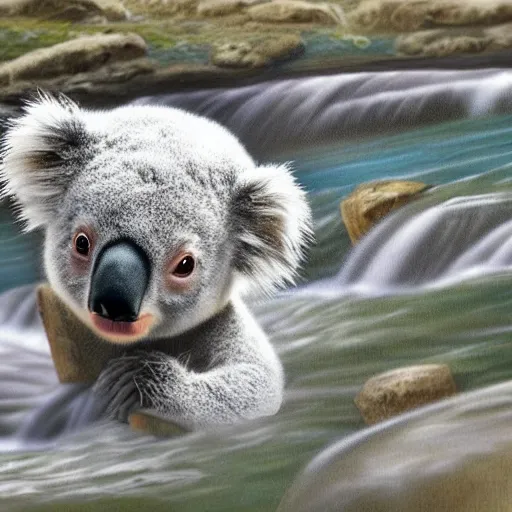 Prompt: koala bear wearing a hat falling down the waterfall, digital art