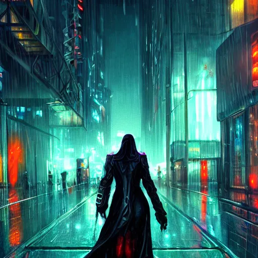 Prompt: Rain at night in a cyberpunk city, fantasy, medieval, vivid colrs, elegant, concept art, sharp focus, digital art, Hyper-realistic, 4K, Unreal Engine, Highly Detailed, HD, Dramatic Lighting by Brom, trending on Artstation