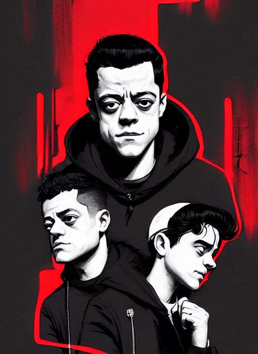 Image similar to highly detailed closeup portrait of rami malek, elliot alderson, black hoody by atey ghailan, by greg rutkowski, by greg tocchini, by james gilleard, by joe fenton, by kaethe butcher, gradient red, black and white color scheme, grunge aesthetic!!! ( ( graffiti tag wall background ) )