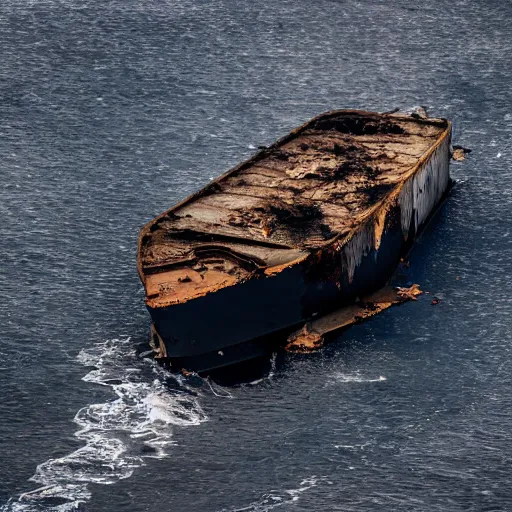 Image similar to airborne view, crashed cargo ship leaking mysterious black slime, black gooey liquid leaking out of crashed cargo ship, apocalyptic, ruined, container ship, crashed, 8 5 mm f / 1. 4