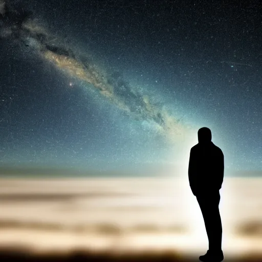 Image similar to 4K ultra HD detailed award-winning wallpaper silhouette of lonely man standing looking at Earth from far away huge vast sky universe