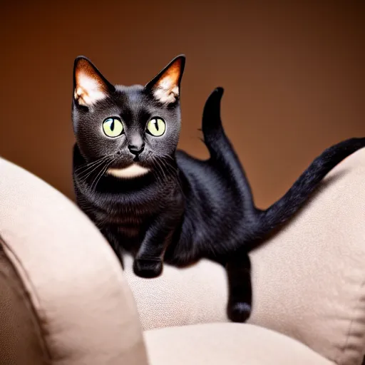 Prompt: a photo of a cute cat bat hybrid, sitting on a chair, photo taken by a nikon, very detailed, 8k