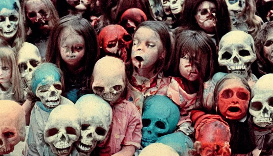 Image similar to 7 0 s film still from a horror movie about kids with skulls for heads, kodachrome, cinecolor, cinestill, film grain, film texture, retro, cinematic, high resolution, photorealism,