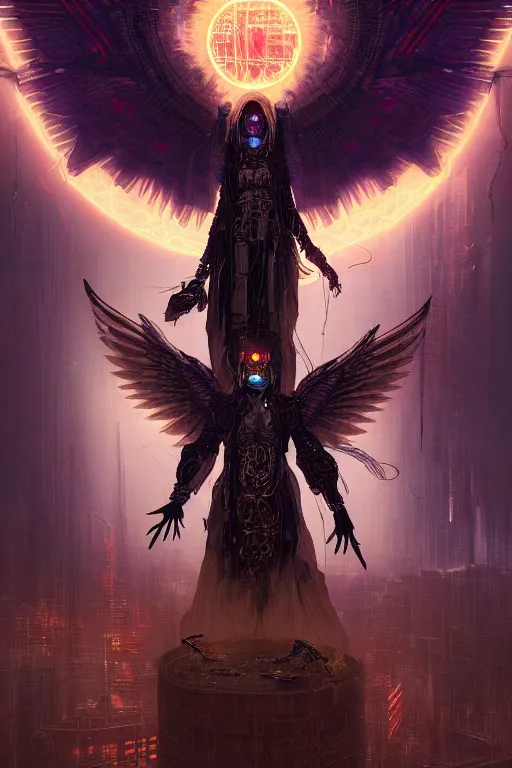 Image similar to a beautiful tarot card artwork of a cyberpunk fallen dark seraphim, horror, backlit, gloomy sky, highly detailed, digital painting, intricate golden threads, by eddie mendoza and greg rutkowski and dan mumford and artgerm, vivid colors, detailed shading, 8 k resolution, intricate, smooth