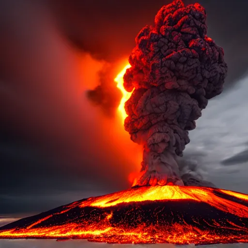 Image similar to volcanic storm clouds raining bright lava from the sky, 8k photorealistic, dramatic lighting, chiaroscuro