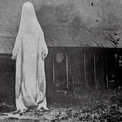 Prompt: scary unproportionally tall ghost creature in the middle of a village, 1900s picture