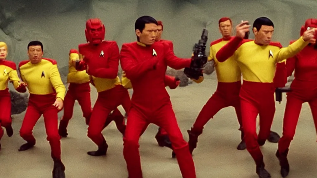 Image similar to giant monsters made of bananas killing crew wearing red on star trek, film still from a movie directed by Denis Villeneuve star trek with art direction by Salvador Dalí, wide lens