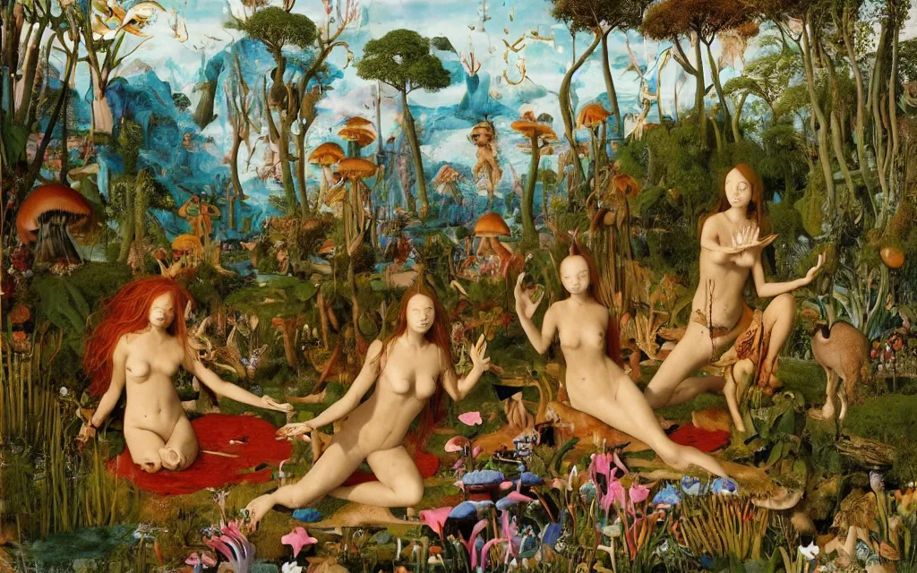 Image similar to a portrait photograph of a meditating mermaid shaman and a centaur monk feeding tropical animals at a wide river delta. surrounded by bulbous flowers, animals, trees and mushrooms. mountain range under a vast blue sky of burning stars. painted by jan van eyck, max ernst, ernst haeckel and artgerm, cgsociety, artstation, fashion editorial