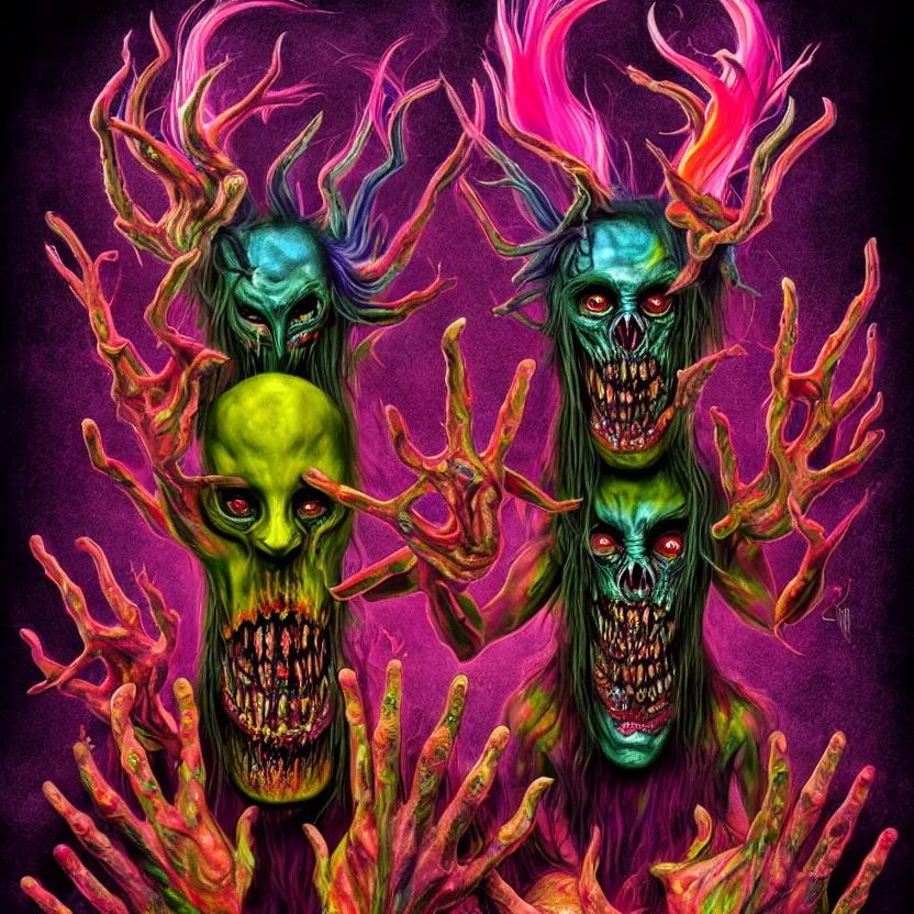 Image similar to a beautiful, colorful, flesh - eating, whimsical demon with rainbow fur, seven arms, seven legs, three heads, by alexandro judorowski and basia tran, fear, morbid, nightmare, supernatural, 8 k, digital art, highly detailed, chiaroscuro, creepy, terrifying