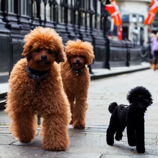 Prompt: black miniature poodle and a separate tan yorskshire terrier, they are two best friends walking through london 35mm 4k IMAX sharp focus