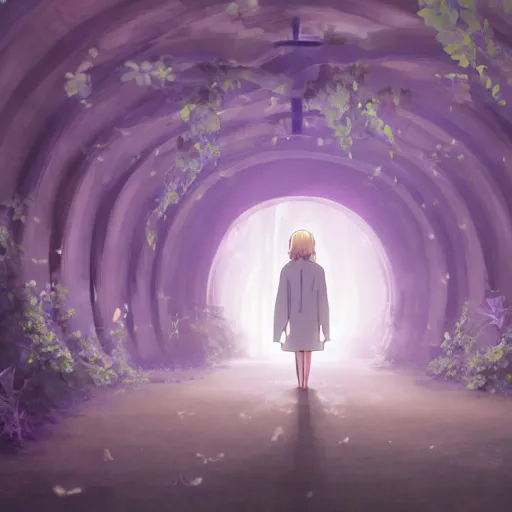 Prompt: a christian cross as the light is shining at the end of the tunnel, paradise outside of the tunnel, with pale purple and pale pink lighting, cute, aesthetic, anime, with a few vines and overgrowth, studio ghibli, cinematic, painting, high definition, digital art, symmetrical, very detailed, extremely high detail, photo realistic, concept art, unreal engine 5,