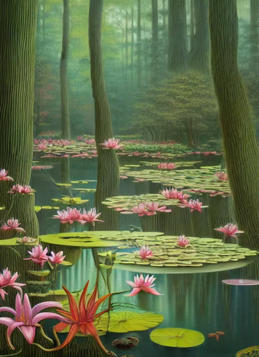 Prompt: hyper detailed 3d render like a Oil painting - the forest and the lily pond, pastel colors, Jacek Yerka, Mariusz Lewandowski, Houdini algorithmic generative render, Abstract brush strokes, Masterpiece, Edward Hopper and James Gilleard, Zdzislaw Beksinski, Mark Ryden, Wolfgang Lettl, hints of Yayoi Kasuma, octane render, 8k