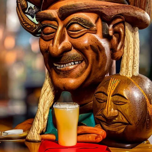 Image similar to a closeup photorealistic photograph of smiling salvador dali at trader vic's bar sitting next to a trader vic's style tiki mug featuring the face of salvador dali. tiki culture. bright scene. 4 k hd image that's trending on artstation, featured on behance, well rendered, extra crisp, features epic composition and the style of unreal engine.