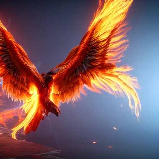 Prompt: image of a phoenix with its full body flaming and wings spread 8 k extremely detailed hd hyperrealism unreal engine