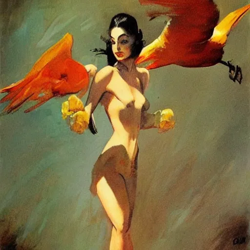 Prompt: a painting, style of frank frazetta, birds