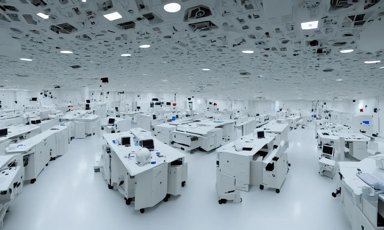 Image similar to inside of secret military laboratory, technology, bright, white, big space, laboratory equipment