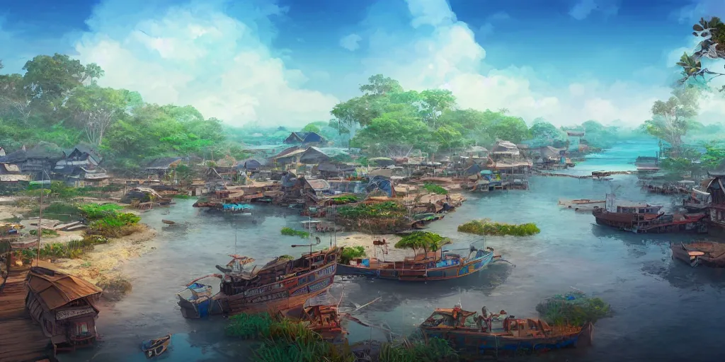 Image similar to pulau indah fishing town in the morning, detailed matte painting, studio ghibli, artstation