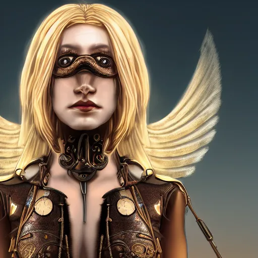 Image similar to a pretty blond steampunk seraphim in the middle of a machine city, perfect symmetrical face, cute face, 8 k, shallow depth of field, 8 k, ultra high detail, concept art, w 1 0 2 4