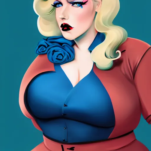 Image similar to rockabilly curvy woman, long blond hair with scarf, blue eyes, wholesome, country, southern, digital art, cinematic, concept art, 8k, painting, trending on artstation, wide shot, full shot