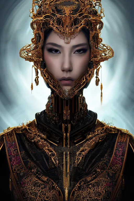 Image similar to a beautiful empress portrait, with a brilliant, impossible striking big cybernetic headpiece, cybernetic clothes, symmetrical, dramatic studio lighting, rococo, baroque, asian, hyperrealism, closeup, D&D, fantasy, intricate, elegant, highly detailed, digital painting, artstation, octane render, 8k, concept art, matte, sharp focus, illustration, art by Artgerm and Greg Rutkowski and Alphonse Mucha