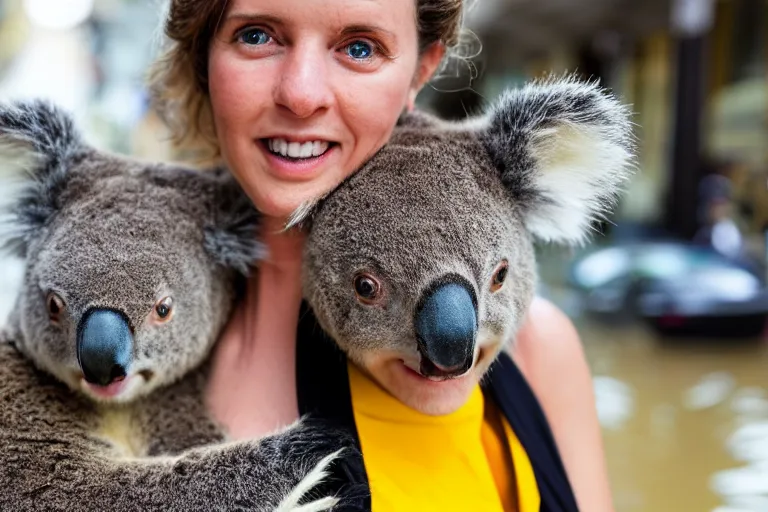 Image similar to closeup portrait of a woman carrying a koala over her head and shoulders in a flood in Rundle Mall in Adelaide in South Australia, photograph, natural light, sharp, detailed face, magazine, press, photo, Steve McCurry, David Lazar, Canon, Nikon, focus