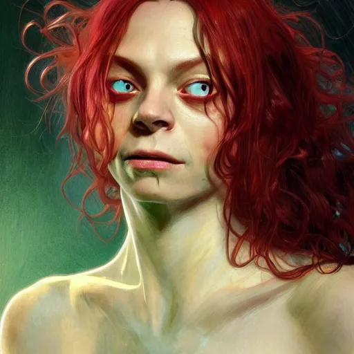 Image similar to teenage Gollum, portrait, face, long red hair, green highlights, fantasy, intricate, elegant, highly detailed, digital painting, artstation, concept art, smooth, sharp focus, illustration, art by artgerm and greg rutkowski and alphonse mucha