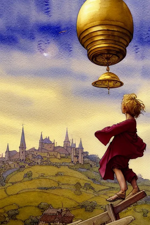 Prompt: a hyperrealist watercolor concept art of an elegant golden ufo in the sky above a small medieval town. one single dirty medieval peasant child is floating away up to the sky. very muted colors, by rebecca guay, michael kaluta, charles vess. high detail, hq, wide shot, 4 k