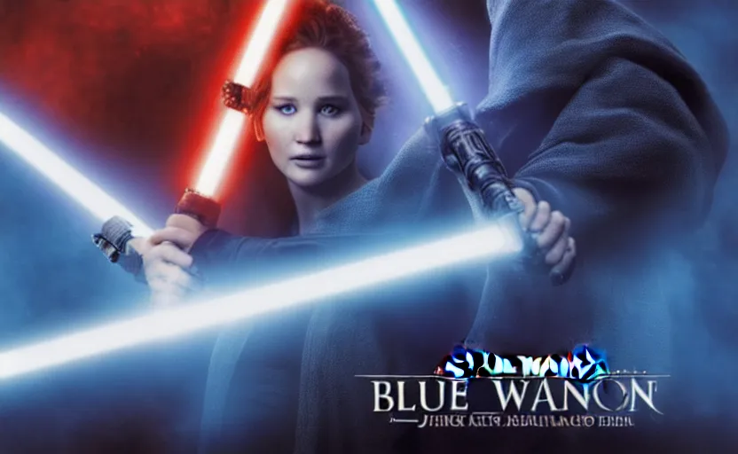 Image similar to jennifer lawrence as a jedi holding up a blue lightsaber, very dark background, official new star wars episode xi movie poster from lucas arts, perfect symmetrical face, full moon, moody lighting, 8 k, shallow depth of field, intricate detail,