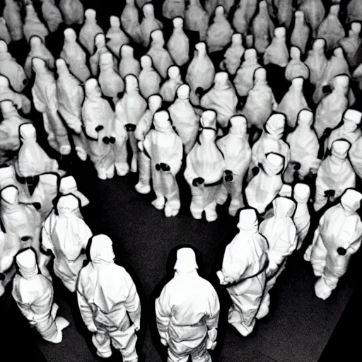 Image similar to MC Escher style underground lab, sterile, human farm, staff wearing hazmat suits, unknown location, photo taken from above, light and shadows