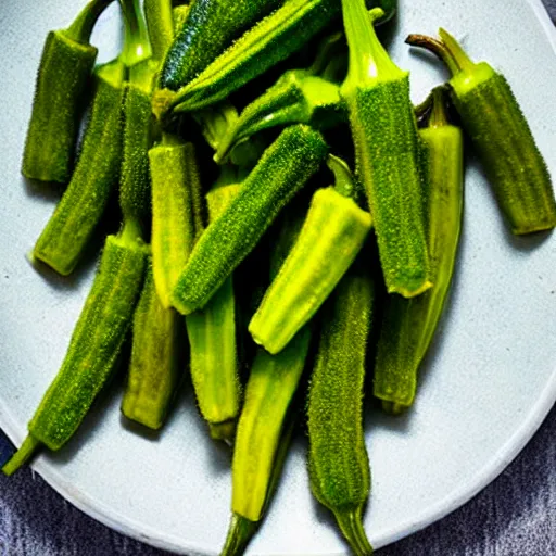 Image similar to a dish of okra veg with green stalky ( ( green oprah winfrey's face ) ), oprah okra winfrey sentient veg