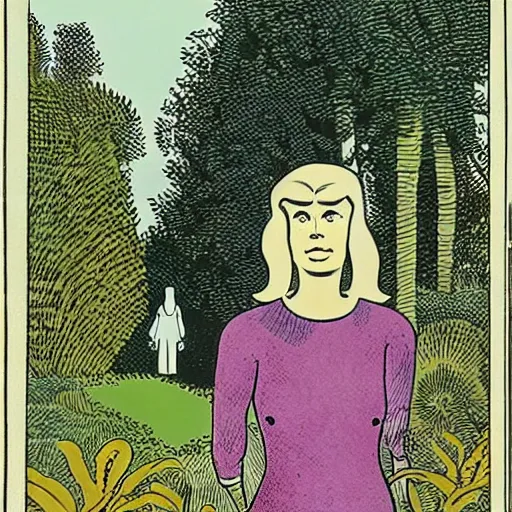 Prompt: comic book panel of a woman standing in a french garden, unidentified being lurking behind her, by gilbert hernandez