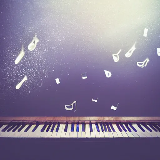 Image similar to a realistic detailed card floating in the air, light particles, piano floating in the sky, light around the piano, shadow of a man playing piano, detailed body, cinematic photo, realistic, detailed