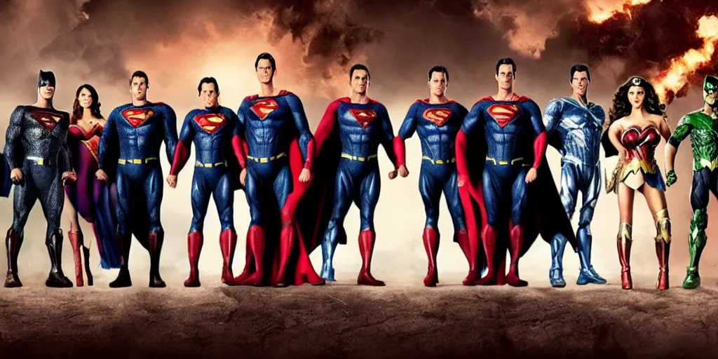 Prompt: DC Justice League with Lynda Carter, Nicolas Cage, Michael Keaton and Wesley Snipes