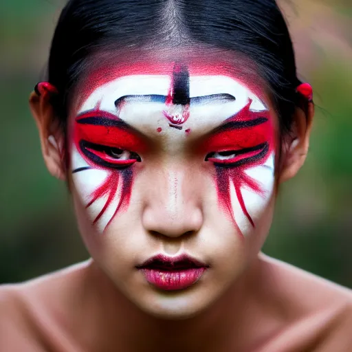 Image similar to portrait of a stunningly beautiful asian tribal female, red facepaint over the eyes in a wide stripe, depth of field, zeiss lens, detailed, symmetrical, centered, fashion photoshoot, by Annie Leibovitz and Steve McCurry, David Lazar, Jimmy Nelsson, Breathtaking, 8k resolution, extremely detailed, beautiful, establishing shot, artistic, hyperrealistic, beautiful face, octane render