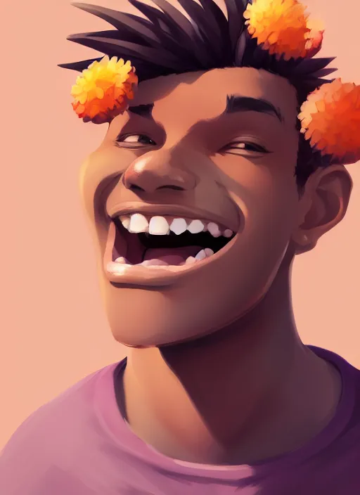 Image similar to young man with a big smile, prominent big eyes, round portruding chin, plump lips, brown flowers, standout colours, sharp, highly detailed, simple lines, digital painting, artstation, concept art, matte, sharp focus, illustration, anime moe artstyle