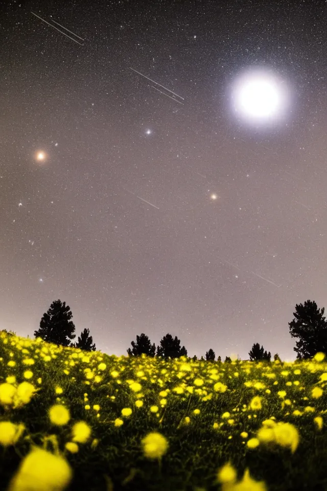 Prompt: low angle, shot from below. fog on ground. two very large moons in night sky. milky way and galaxies in the night sky, galaxies. 3 0 second shot. heavy meteor shower. field of big frozen yellow flowers.. f 1. 8 lens, 1 6 mm, lens flare, bokeh. high detail. photorealistic, romantic