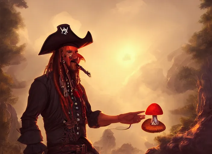 Image similar to a cool looking pirate eating magic mushroom, golden hour, fantasy, sharp focus, digital art, hyper realistic, 4 k, unreal engine, highly detailed, hd, dramatic lighting by brom, trending on artstation